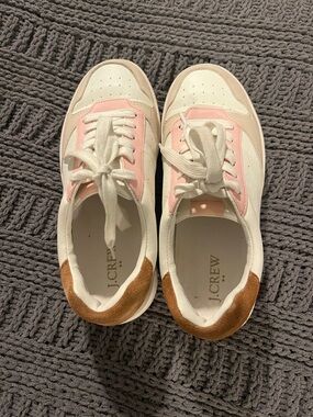 J. Crew White Sneakers with Pink Panels and Brown Suede Heel (sz 7)